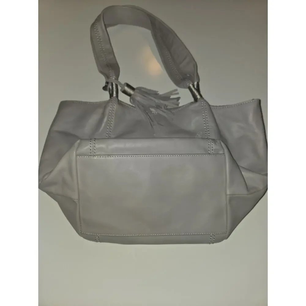 The Sak Gray Leather Tote Shoulder Bag Handbag Tassel Pockets Magnetic Closure